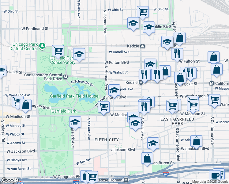 map of restaurants, bars, coffee shops, grocery stores, and more near 3322 West Washington Boulevard in Chicago