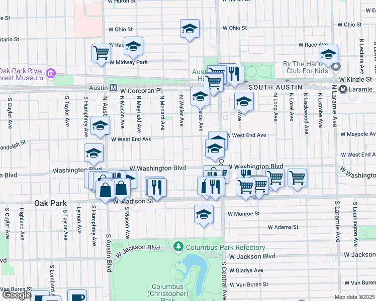 map of restaurants, bars, coffee shops, grocery stores, and more near 125 North Waller Avenue in Chicago