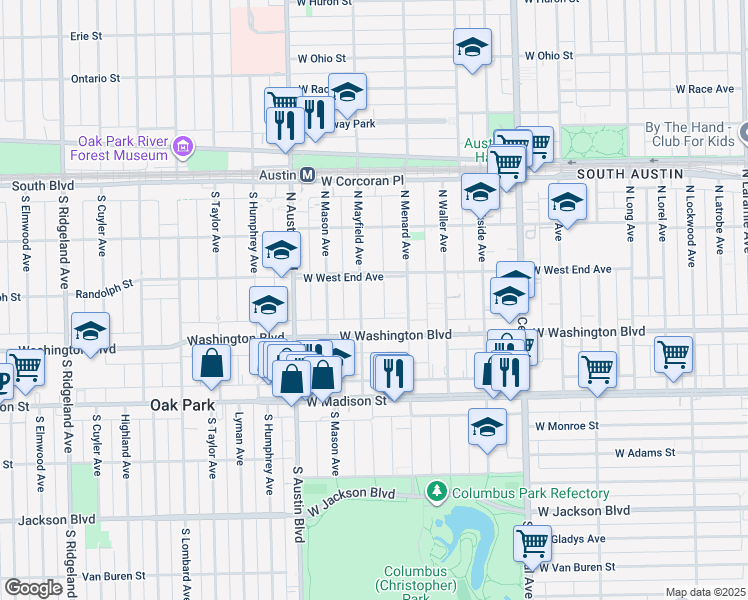 map of restaurants, bars, coffee shops, grocery stores, and more near 135 North Mayfield Avenue in Chicago