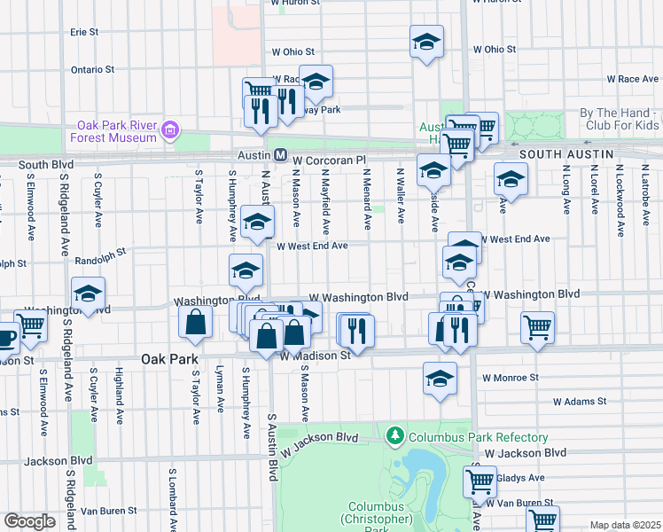 map of restaurants, bars, coffee shops, grocery stores, and more near 135 North Mayfield Avenue in Chicago