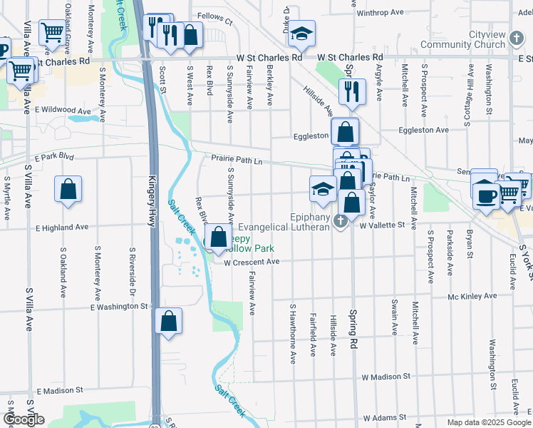 map of restaurants, bars, coffee shops, grocery stores, and more near 569 South Fairview Avenue in Elmhurst