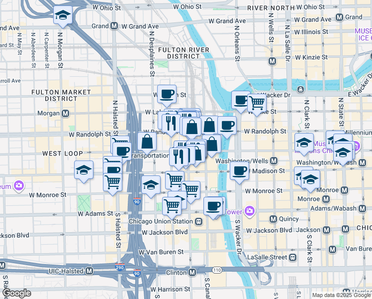 map of restaurants, bars, coffee shops, grocery stores, and more near 550 West Washington Boulevard in Chicago