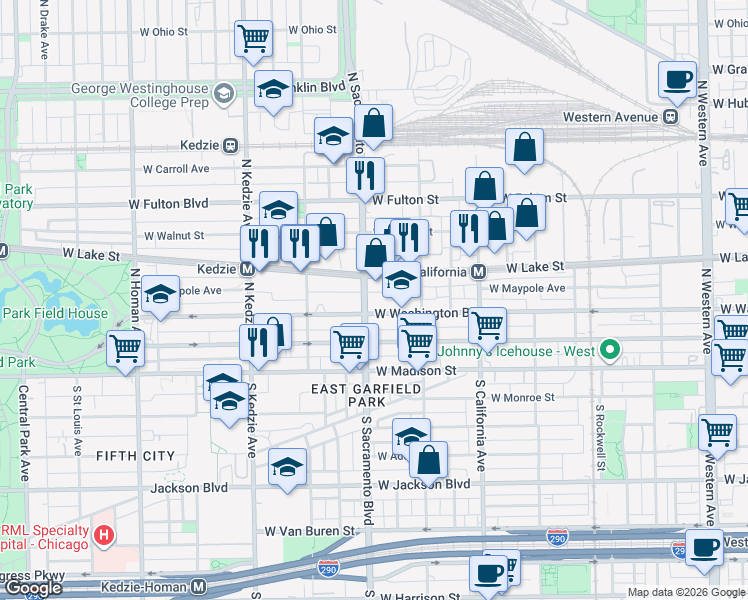 map of restaurants, bars, coffee shops, grocery stores, and more near 2950 West Washington Boulevard in Chicago
