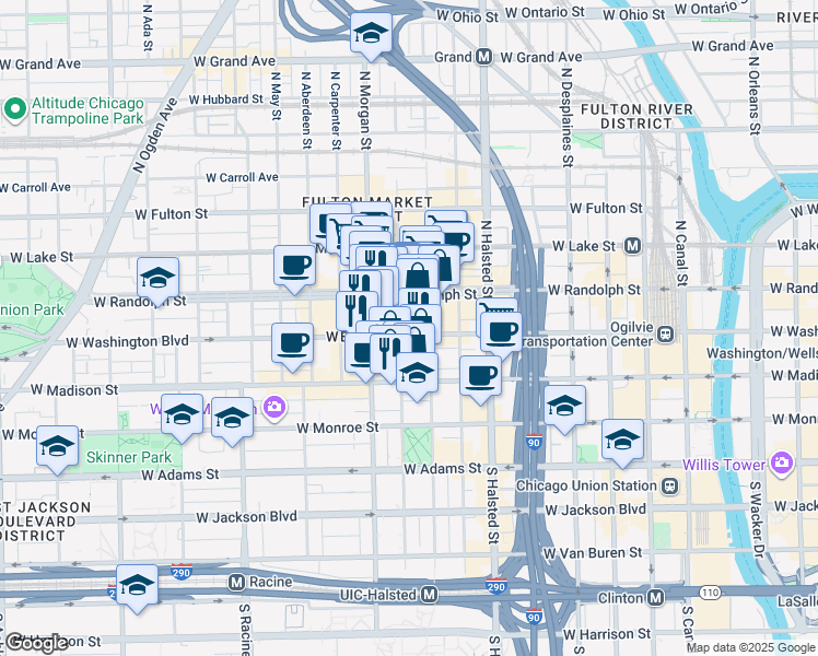 map of restaurants, bars, coffee shops, grocery stores, and more near 912 West Washington Boulevard in Chicago