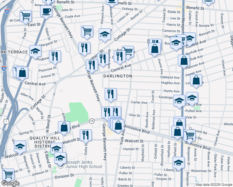 map of restaurants, bars, coffee shops, grocery stores, and more near 3 Saratoga Avenue in Pawtucket