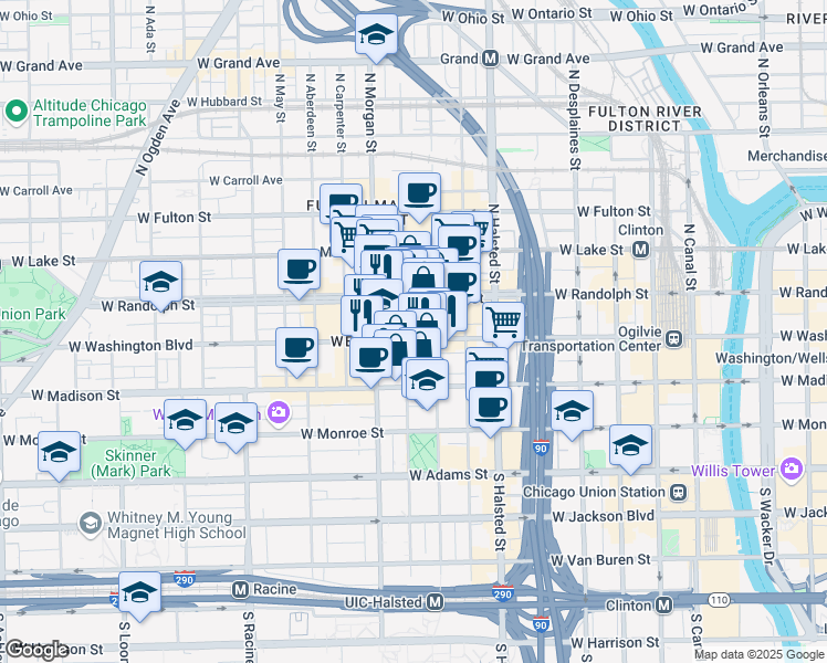 map of restaurants, bars, coffee shops, grocery stores, and more near 912 West Washington Boulevard in Chicago