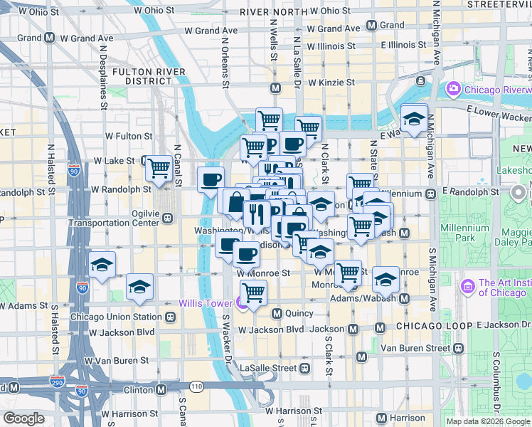 map of restaurants, bars, coffee shops, grocery stores, and more near 214 West Washington Street in Chicago
