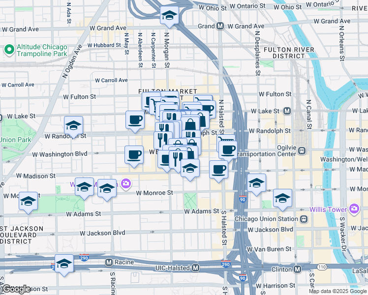 map of restaurants, bars, coffee shops, grocery stores, and more near 922 West Washington Street in Chicago