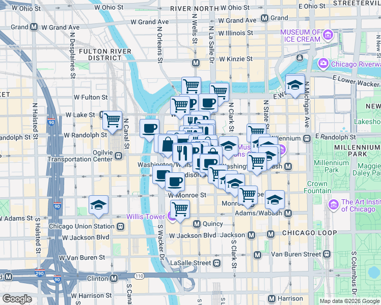 map of restaurants, bars, coffee shops, grocery stores, and more near 212 West Washington Street in Chicago