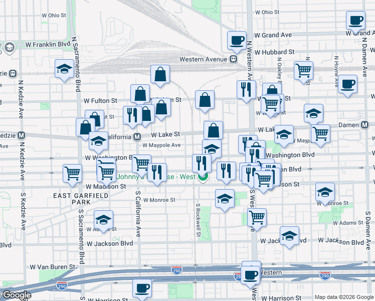 map of restaurants, bars, coffee shops, grocery stores, and more near 2604 West Washington Boulevard in Chicago