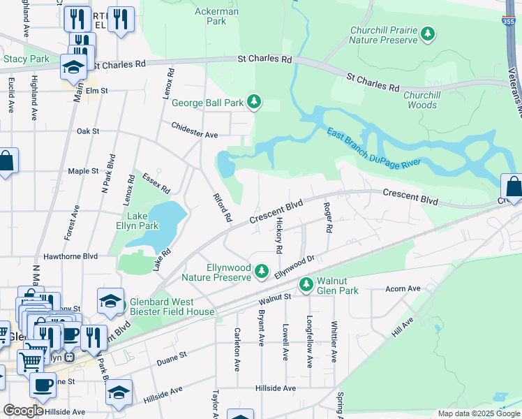 map of restaurants, bars, coffee shops, grocery stores, and more near 810 Crescent Boulevard in Glen Ellyn