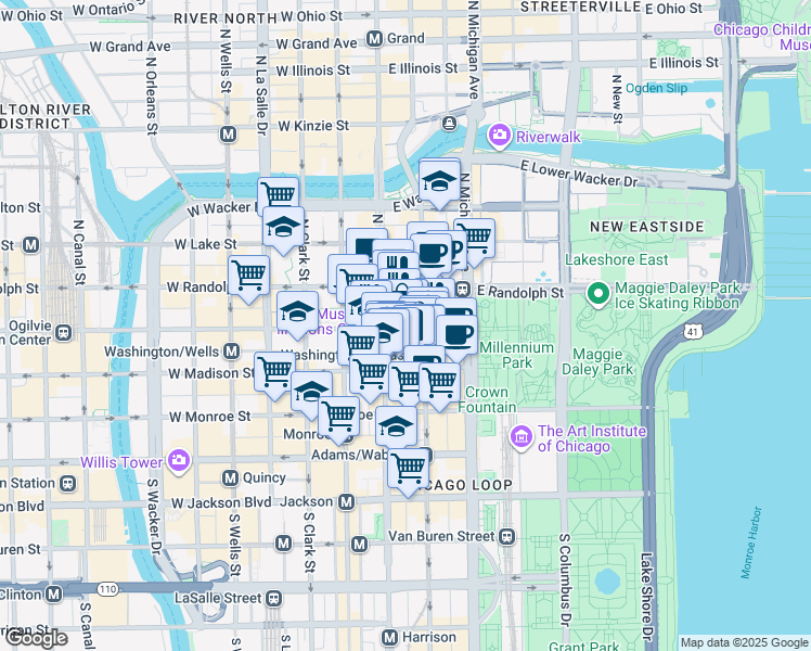 map of restaurants, bars, coffee shops, grocery stores, and more near 24 East Washington Street in Chicago