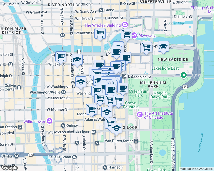 map of restaurants, bars, coffee shops, grocery stores, and more near 111 North State Street in Chicago