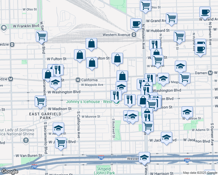 map of restaurants, bars, coffee shops, grocery stores, and more near 2620 West Washington Boulevard in Chicago