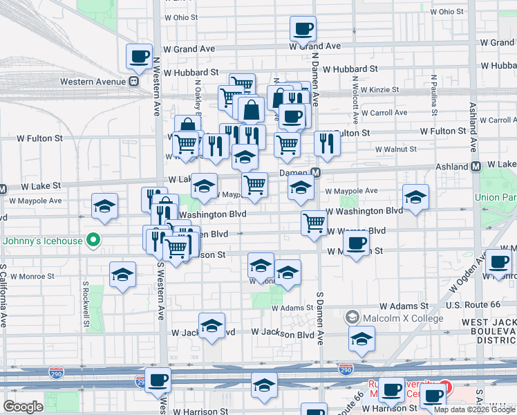 map of restaurants, bars, coffee shops, grocery stores, and more near 2147 West Washington Boulevard in Chicago
