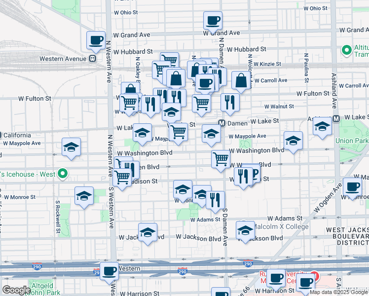 map of restaurants, bars, coffee shops, grocery stores, and more near 2120 West Washington Boulevard in Chicago