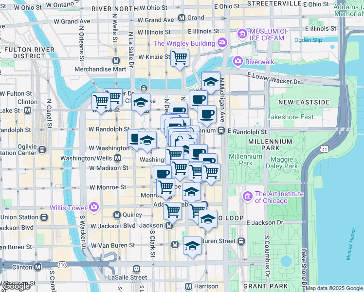 map of restaurants, bars, coffee shops, grocery stores, and more near 108 North State Street in Chicago
