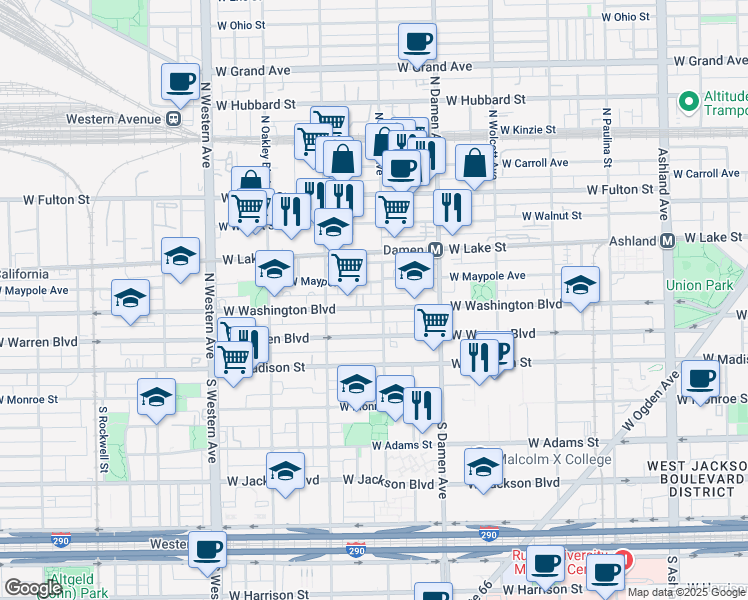 map of restaurants, bars, coffee shops, grocery stores, and more near 2106 West Washington Boulevard in Chicago