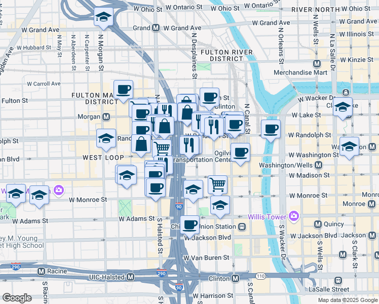 map of restaurants, bars, coffee shops, grocery stores, and more near 659 West Washington Boulevard in Chicago
