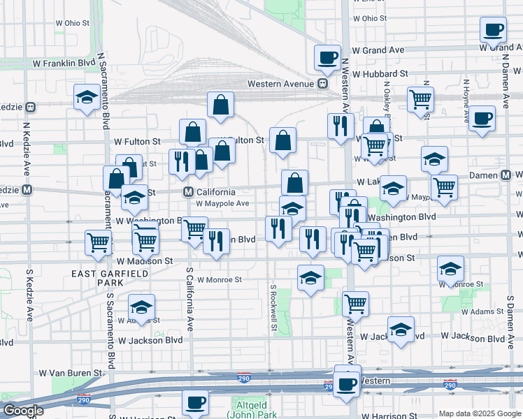 map of restaurants, bars, coffee shops, grocery stores, and more near 2620 West Washington Boulevard in Chicago
