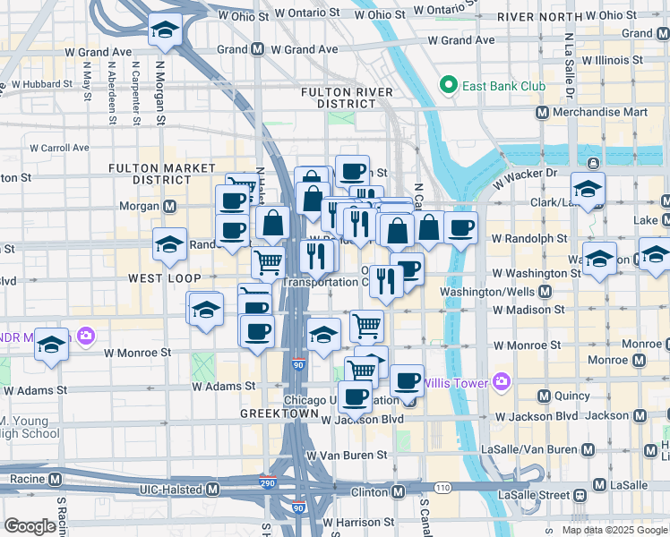 map of restaurants, bars, coffee shops, grocery stores, and more near 630 West Washington Boulevard in Chicago