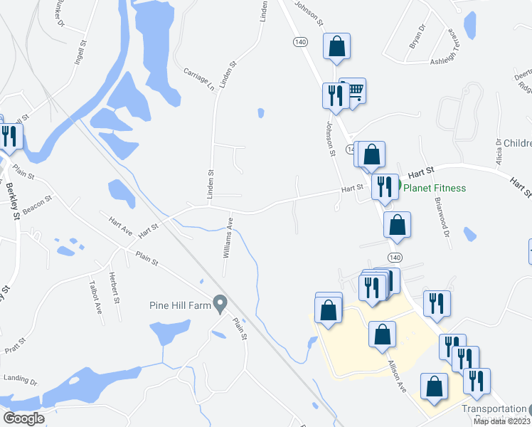 map of restaurants, bars, coffee shops, grocery stores, and more near 93 Hart Street in Taunton