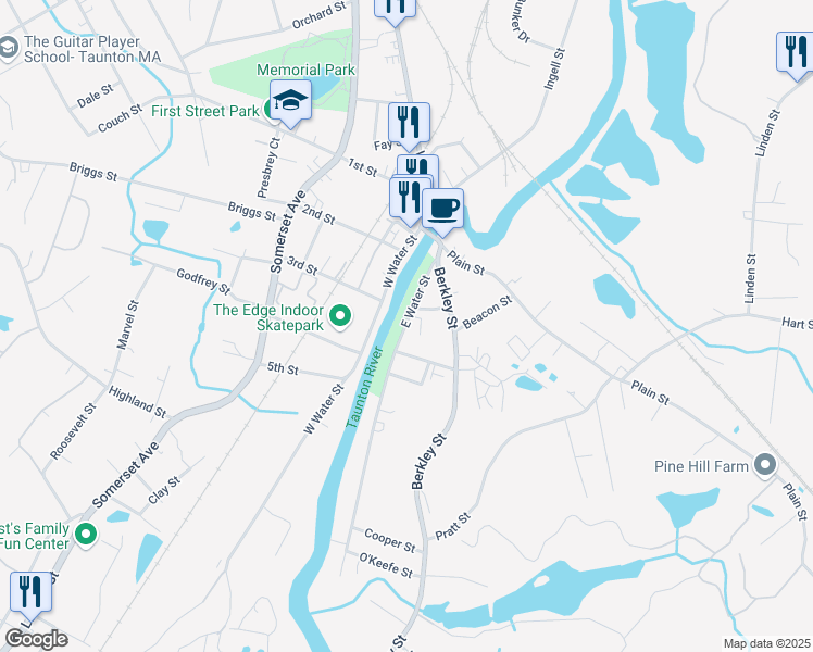 map of restaurants, bars, coffee shops, grocery stores, and more near 12 in Taunton
