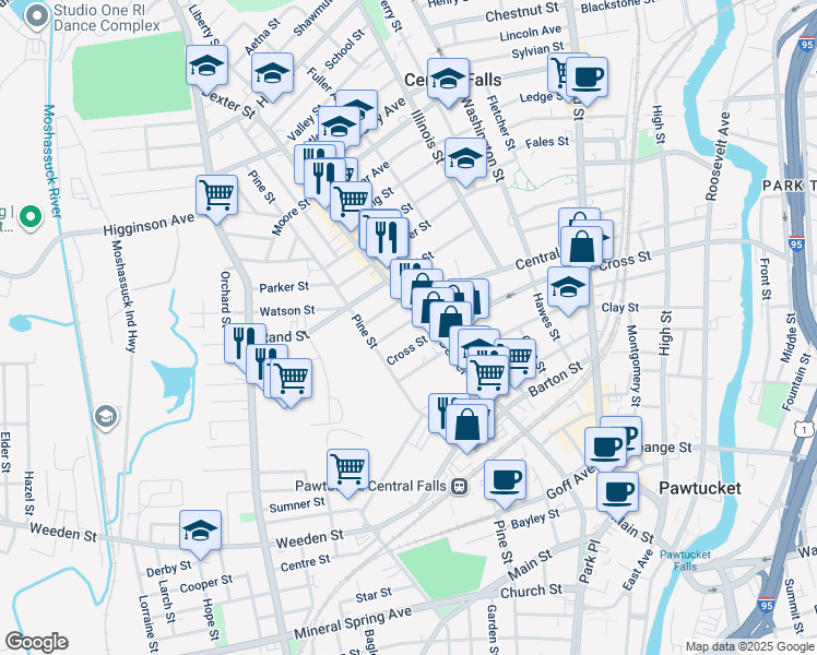 map of restaurants, bars, coffee shops, grocery stores, and more near 203 Cross Street in Central Falls