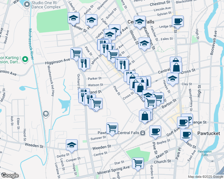 map of restaurants, bars, coffee shops, grocery stores, and more near 250 Rand Street in Central Falls