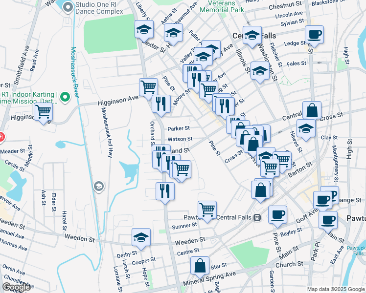 map of restaurants, bars, coffee shops, grocery stores, and more near 275 Rand Street in Central Falls