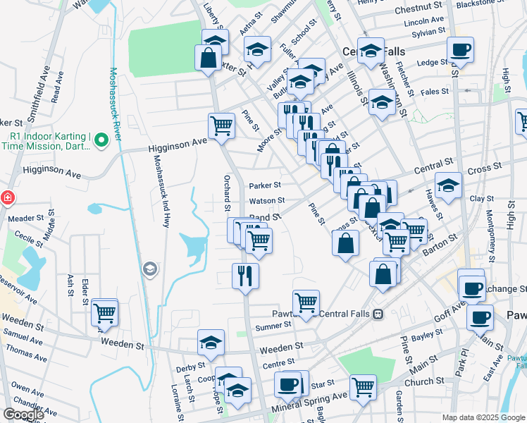 map of restaurants, bars, coffee shops, grocery stores, and more near 275 Rand Street in Central Falls