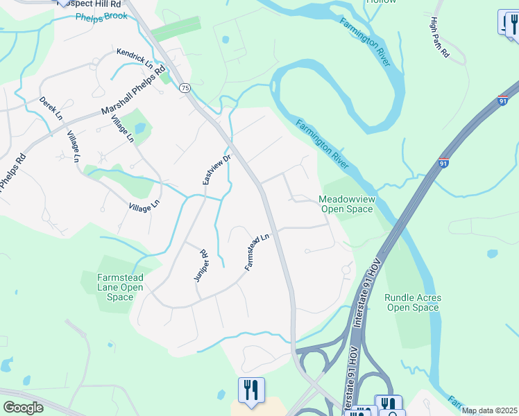 map of restaurants, bars, coffee shops, grocery stores, and more near 1043 Poquonock Avenue in Windsor