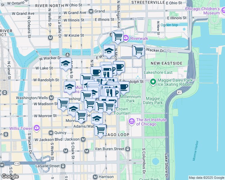 map of restaurants, bars, coffee shops, grocery stores, and more near 30 North Michigan Avenue in Chicago