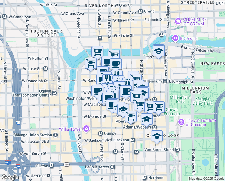 map of restaurants, bars, coffee shops, grocery stores, and more near 111 West Washington Street in Chicago