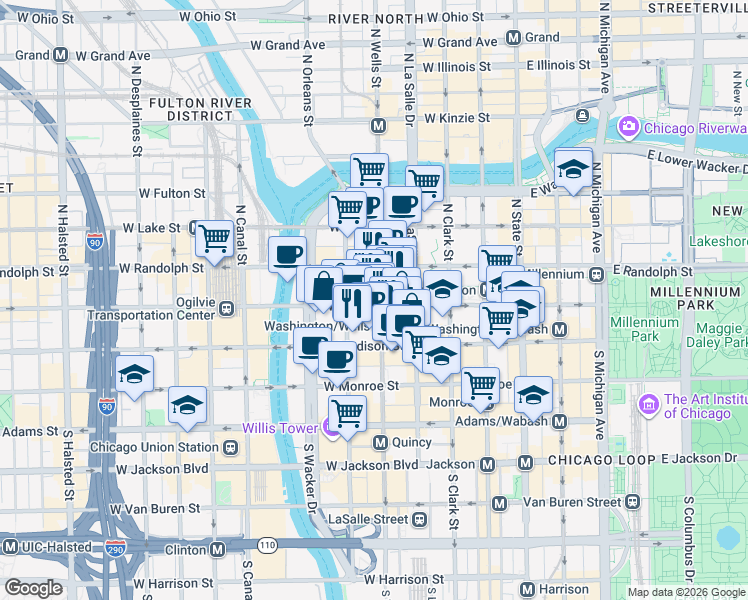 map of restaurants, bars, coffee shops, grocery stores, and more near 208 West Washington Street in Chicago