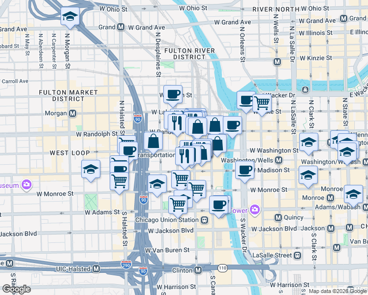 map of restaurants, bars, coffee shops, grocery stores, and more near 559 West Washington Boulevard in Chicago