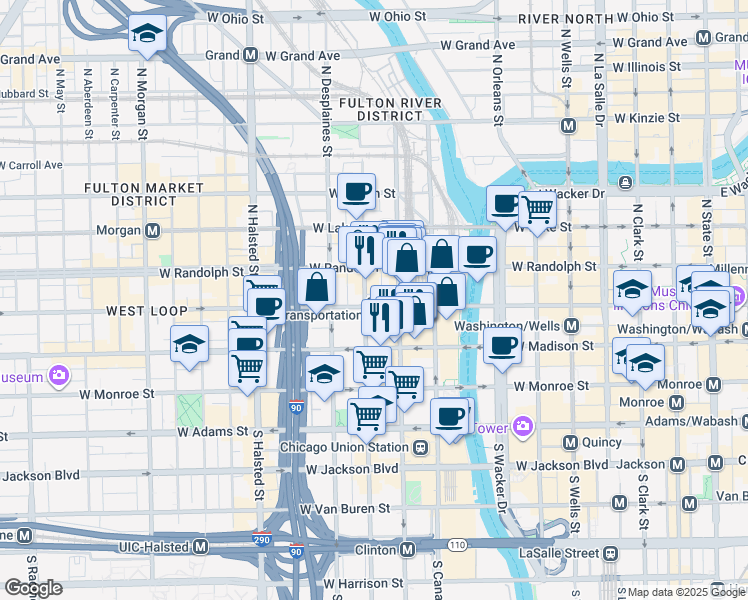 map of restaurants, bars, coffee shops, grocery stores, and more near 559 West Washington Boulevard in Chicago