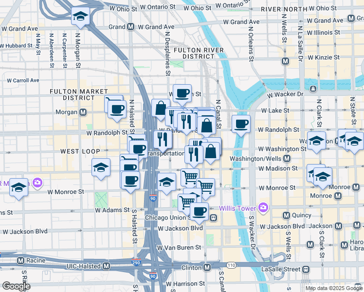 map of restaurants, bars, coffee shops, grocery stores, and more near 630 West Washington Boulevard in Chicago