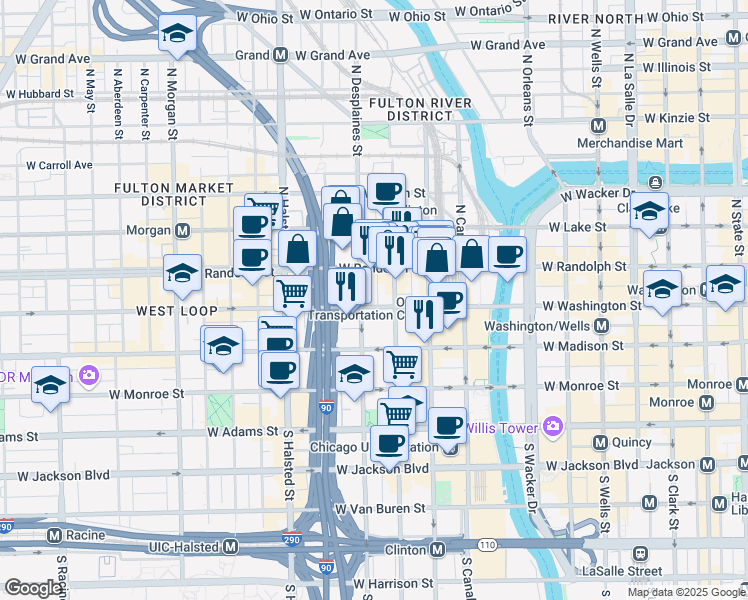 map of restaurants, bars, coffee shops, grocery stores, and more near 630 West Washington Boulevard in Chicago