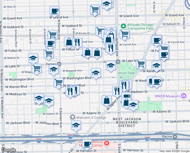 map of restaurants, bars, coffee shops, grocery stores, and more near 1721 West Washington Boulevard in Chicago