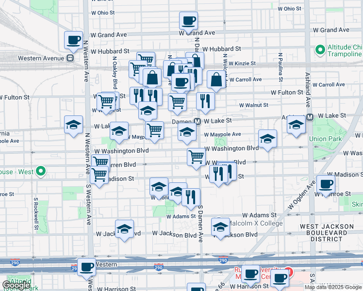 map of restaurants, bars, coffee shops, grocery stores, and more near 2031 West Washington Boulevard in Chicago
