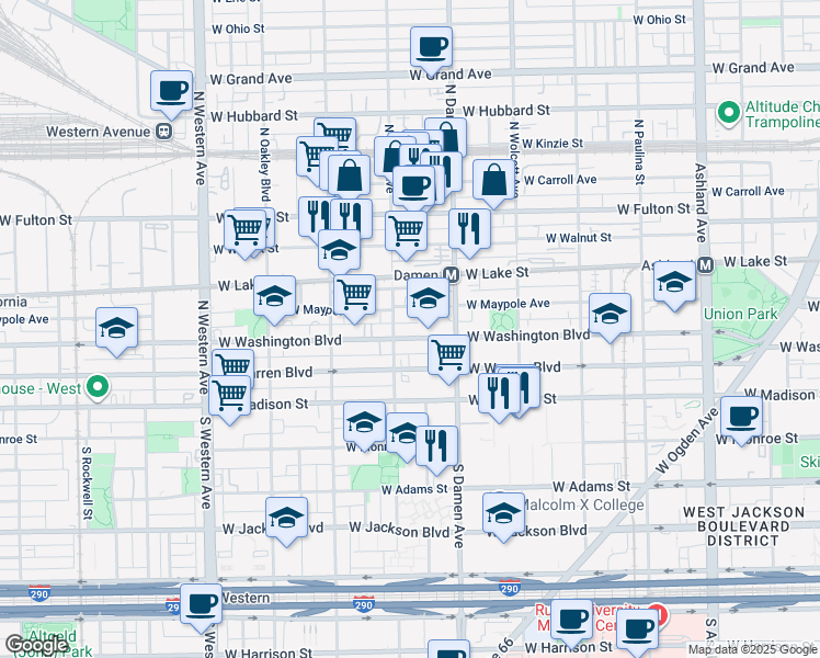 map of restaurants, bars, coffee shops, grocery stores, and more near 2031 West Washington Boulevard in Chicago