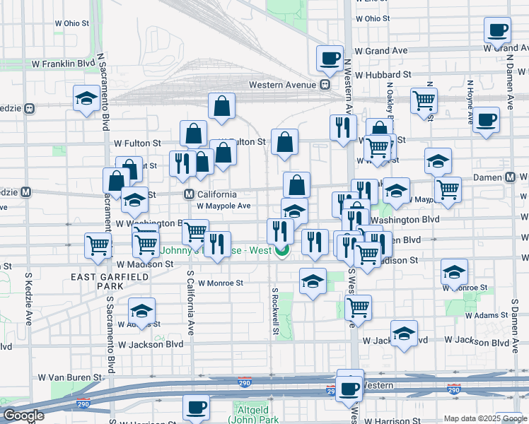 map of restaurants, bars, coffee shops, grocery stores, and more near 2604 West Washington Boulevard in Chicago