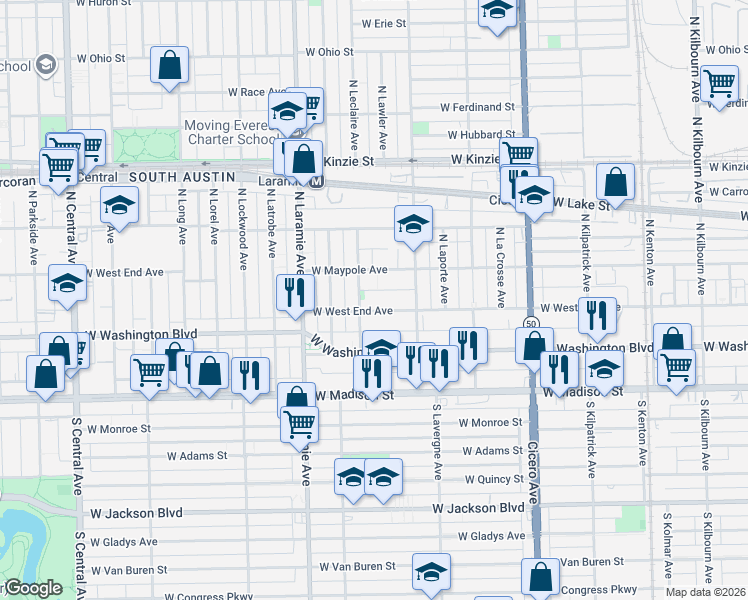 map of restaurants, bars, coffee shops, grocery stores, and more near in Chicago