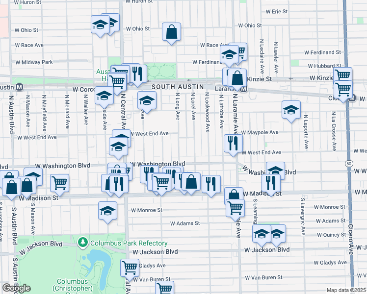 map of restaurants, bars, coffee shops, grocery stores, and more near 122 North Long Avenue in Chicago