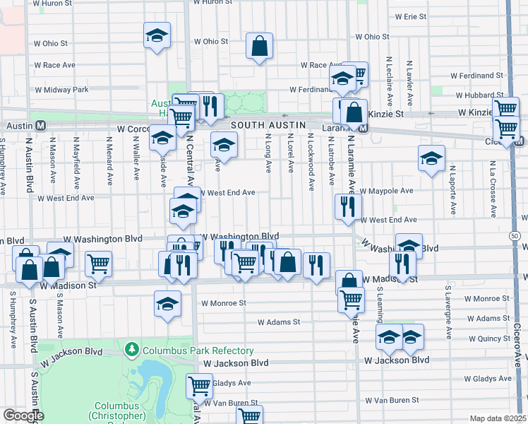 map of restaurants, bars, coffee shops, grocery stores, and more near 122 North Long Avenue in Chicago