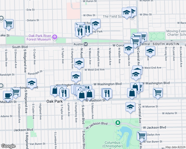 map of restaurants, bars, coffee shops, grocery stores, and more near 128 North Mayfield Avenue in Chicago