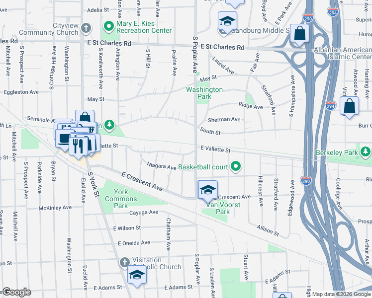 map of restaurants, bars, coffee shops, grocery stores, and more near 558 Colfax Avenue in Elmhurst