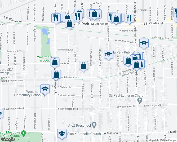 map of restaurants, bars, coffee shops, grocery stores, and more near 347 South Wisconsin Avenue in Villa Park