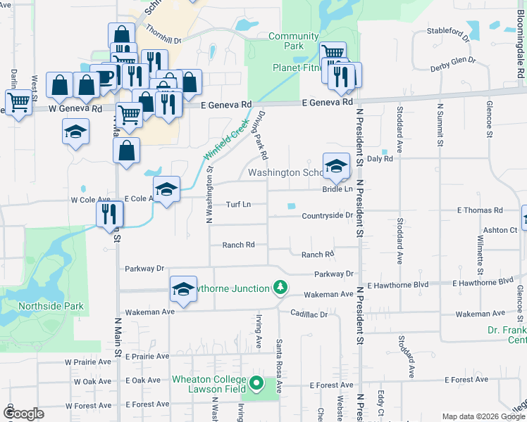 map of restaurants, bars, coffee shops, grocery stores, and more near 533 Countryside Drive in Wheaton